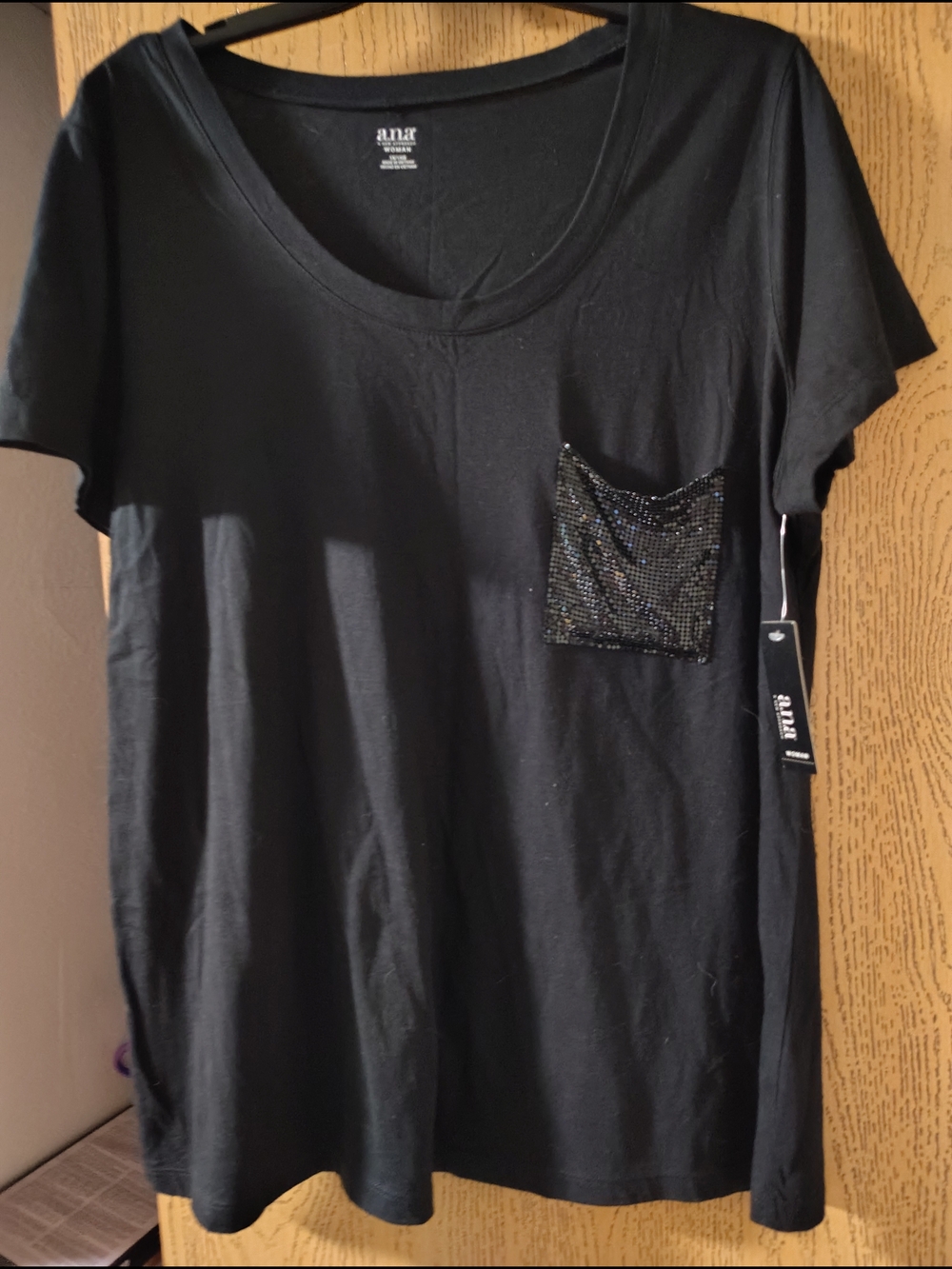 a.n.a Black Short-Sleeve Scoop Neck Tee with Sequined Pocket